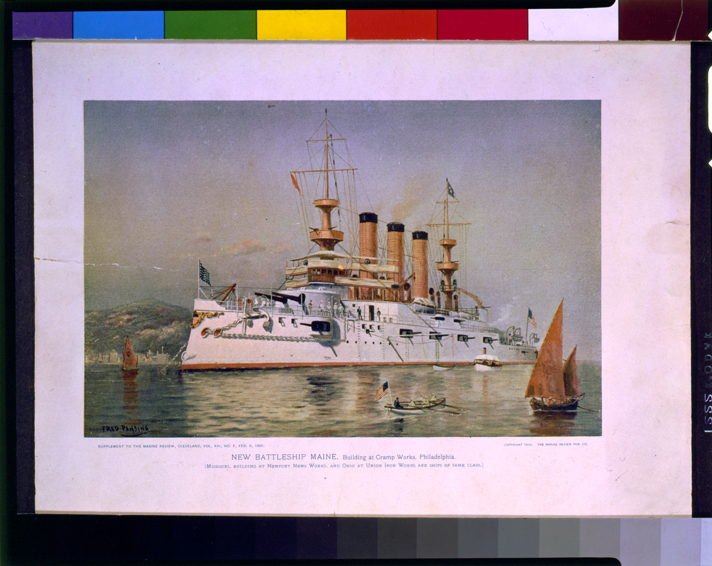 New battleship Maine, building at Cramp Works, Philadelphia / Fred Pansing., Marine Review Pub. Co., c1900. — historic print