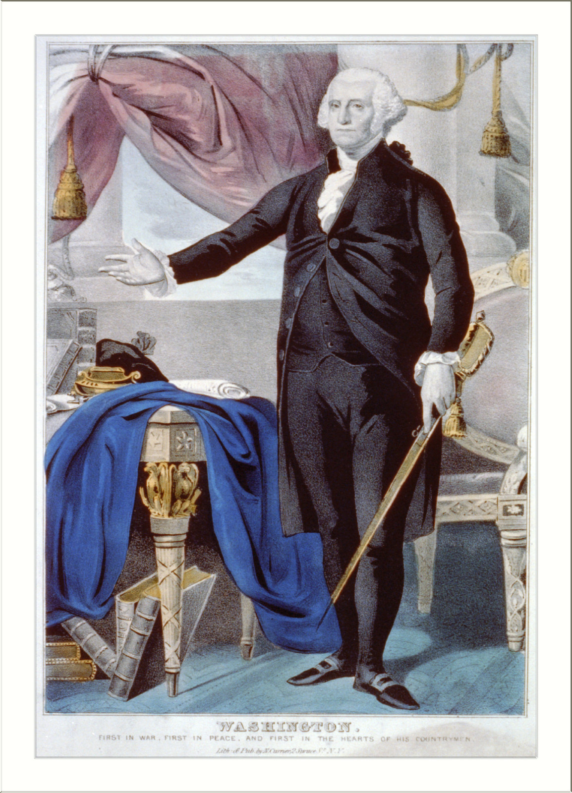 Washington: first in war, first in peace, and first in the hearts of his countrymen, New York : Published by N. Currier, [between 1835 and 1856] — antique lithograph