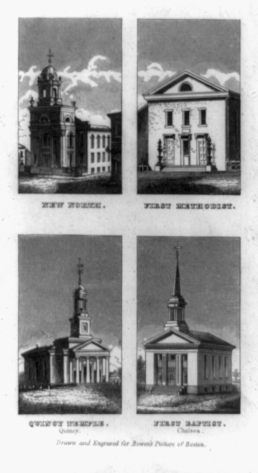 [Churches in Boston, Mass. or vicintiy: New North, First Methodist, Quincy Temple and First Baptist (Chelsea)], [ca. 1830] — antique engraving