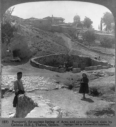 Paraporti, the ancient spring of Ares, and cave of dragon slain by Cadmus (S.E.), Thebes, Greece
