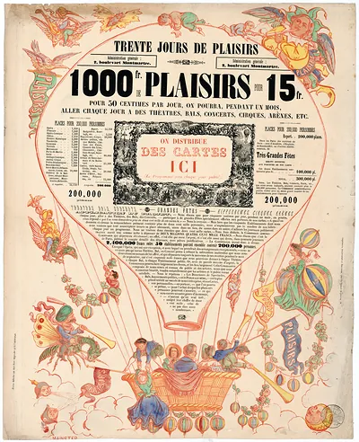 Trente jours de plaisirs, printed advertising poster with balloon basket