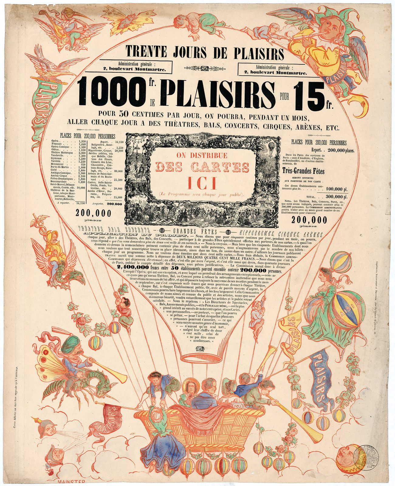 Trente jours de plaisirs, printed advertising poster with balloon basket — vintage poster