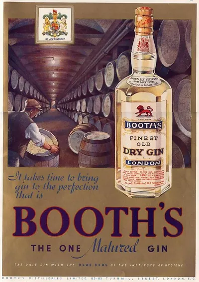 Booth's Finest Old Dry Gin advertisement with cellar barrels
