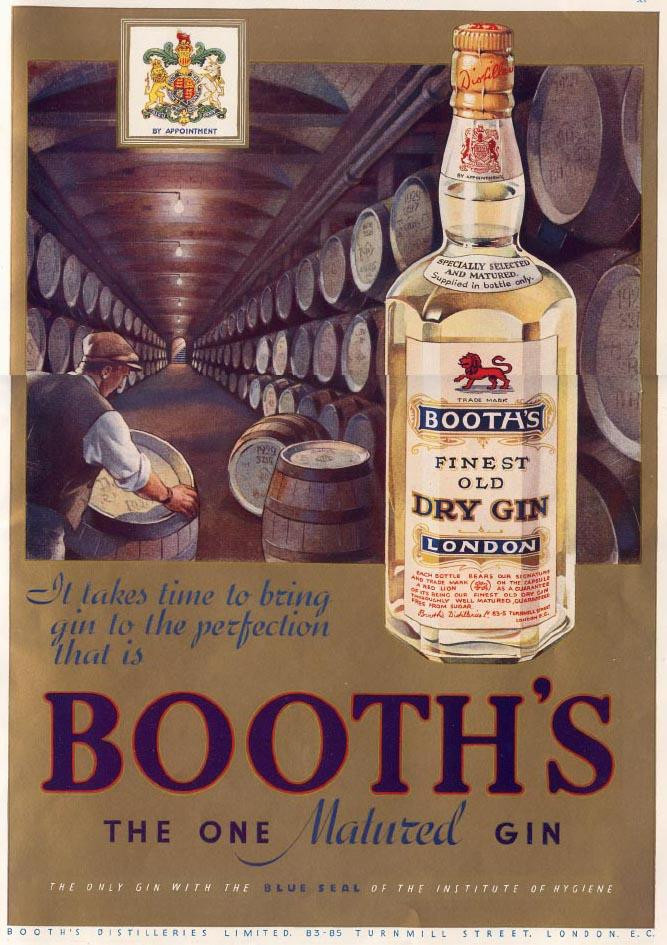 Booth's Finest Old Dry Gin advertisement with cellar barrels — historic image