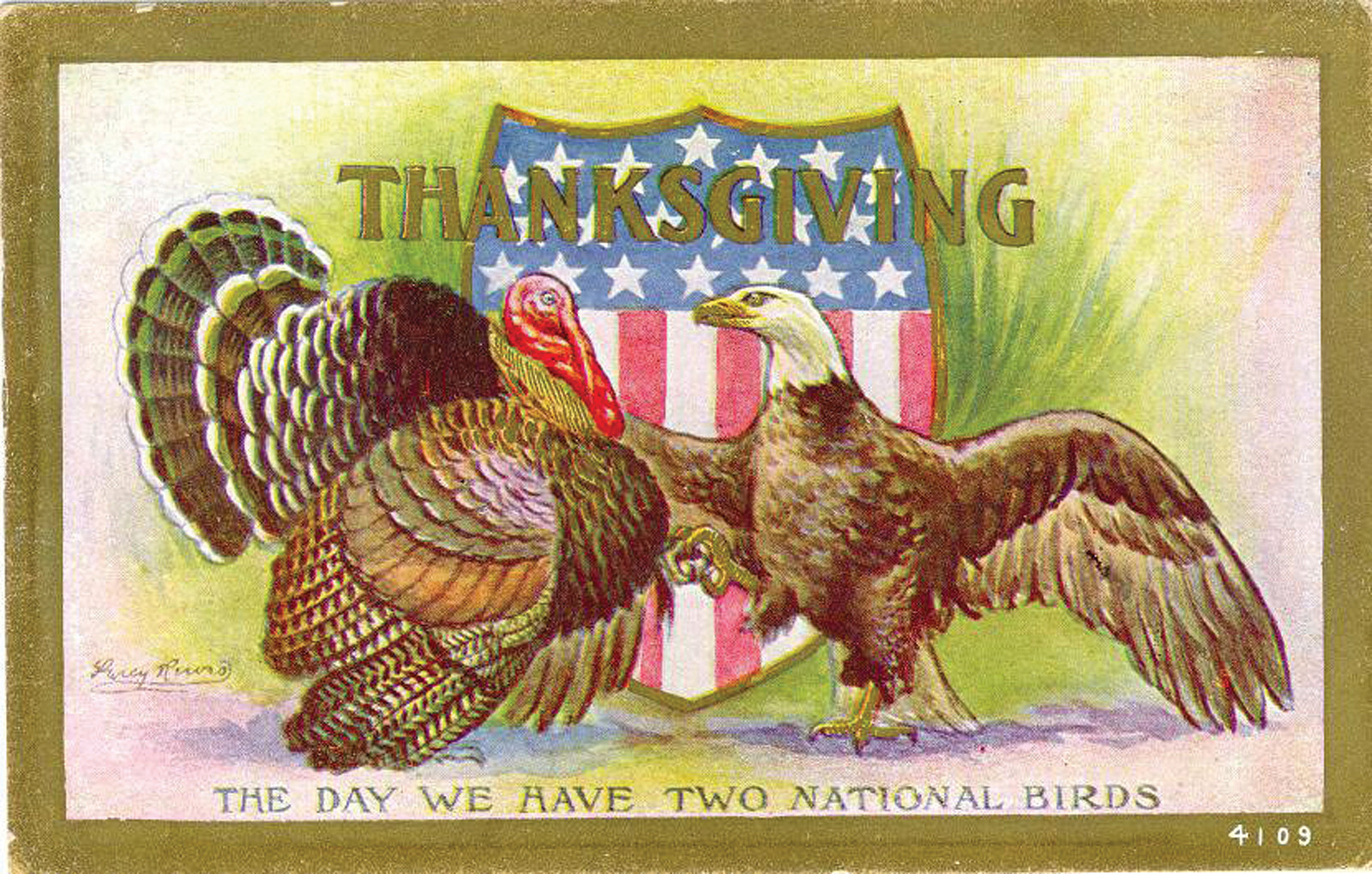 Thanksgiving postcard with turkey and eagle, two national birds — vintage postcard