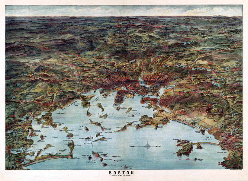 Boston and Environs, bird's-eye pictorial map, 1905 — antique map