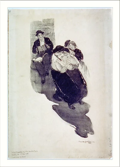 A New Occupation: accordion player beside two weeping women