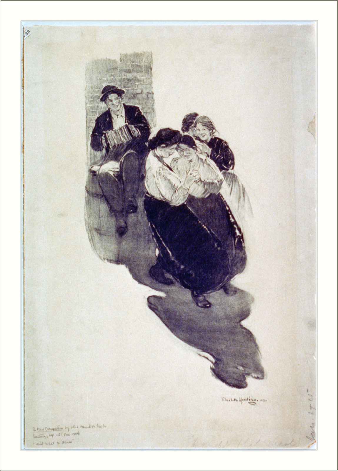 A New Occupation: accordion player beside two weeping women — historic print