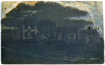 [Horse-drawn cart with house in backgrd.]
