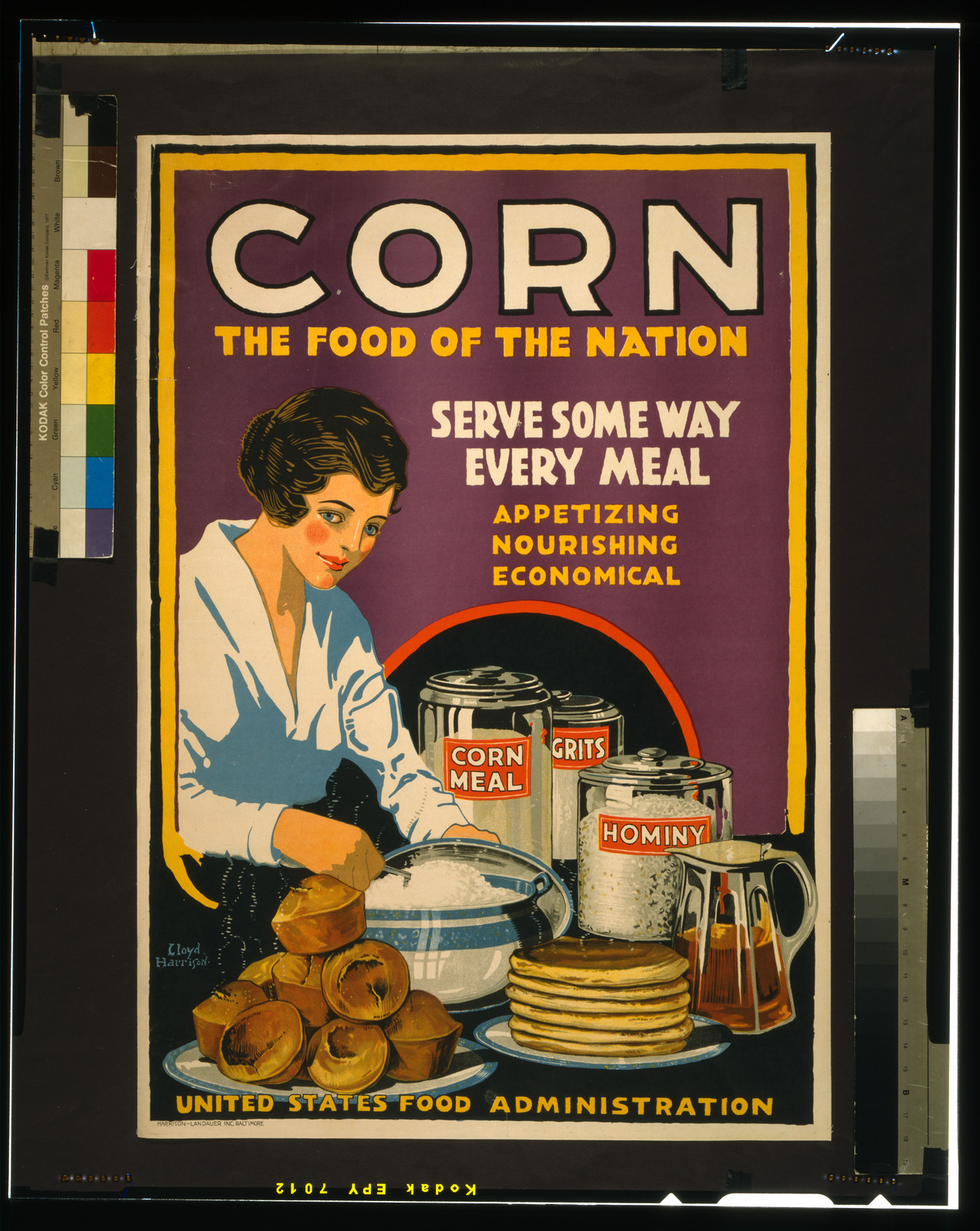 Corn - the food of the nation Serve some way every meal - appetizing nourishing economical / Lloyd Harrison Harrison-Landauer Inc. Baltimore., 1918 — vintage poster