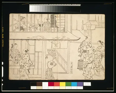 Japanese woodblock print of figures on a veranda with lantern