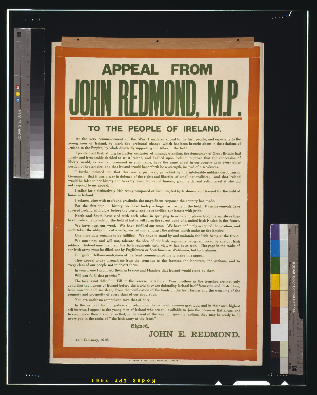 Appeal from John Redmond, M.P. to the People of Ireland, 1916 — historic image