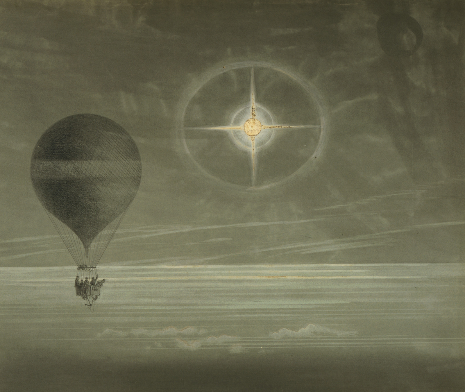 [Lunar halo and luminescent cross observed during the balloon Zénith's long distance flight from Paris to Arcachon in March, 1875], [between 1875 and 1880] — historic drawing