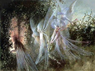 Ethereal fairies gathering flowers in an ivy-covered garden