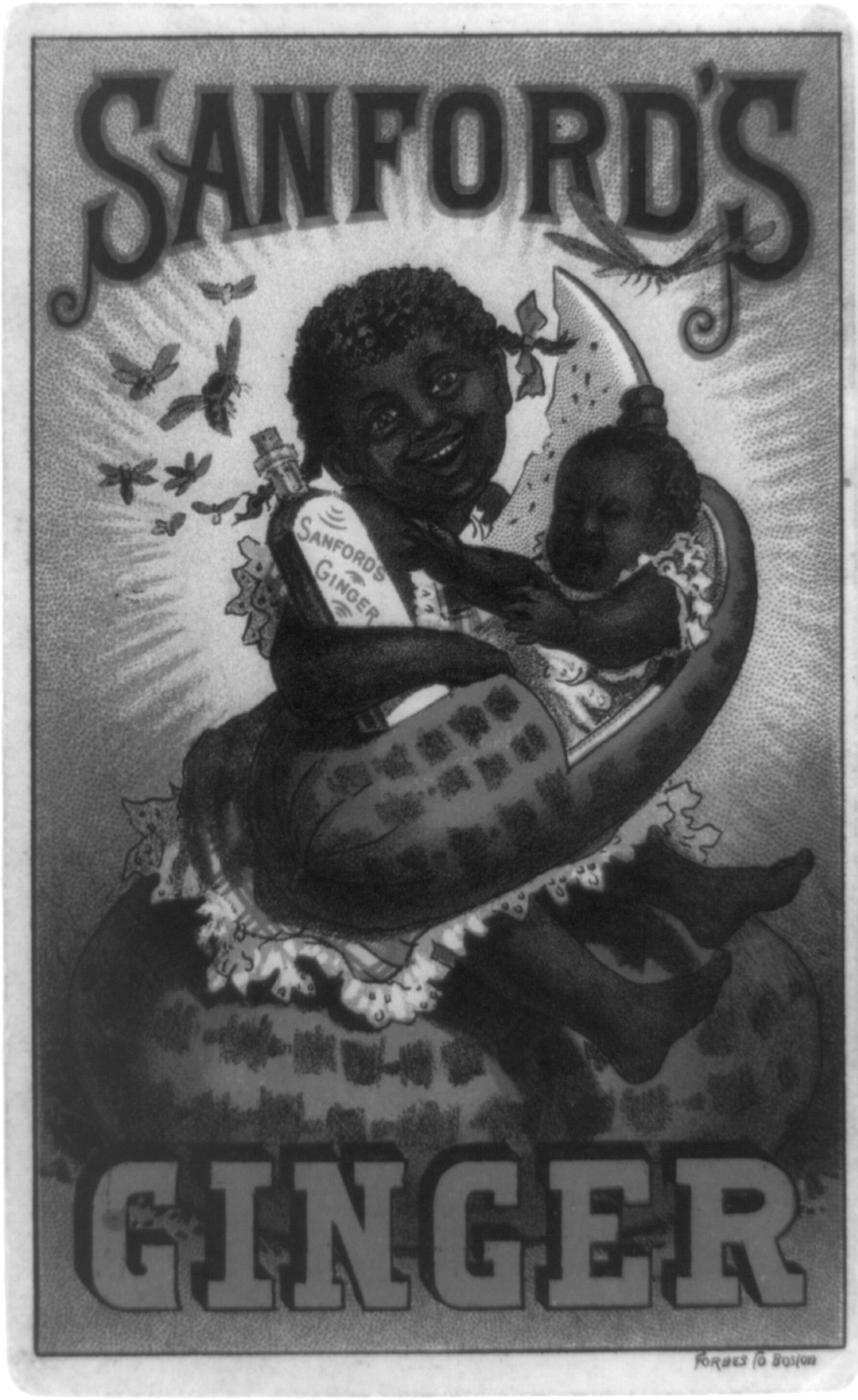 [Trade card advertising Sanford's Ginger showing Black girl seated on watermelon and holding bottle of ginger and baby in watermelon crib], [no date recorded on caption card] — antique lithograph