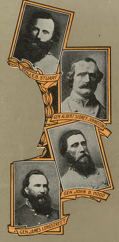 Four Confederate generals with name banners: Stuart, Johnston, Hood, Longstreet
