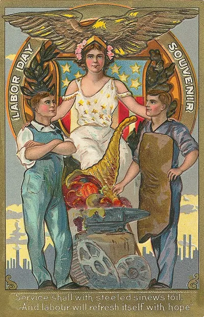 Labor Day souvenir postcard with eagle and workers