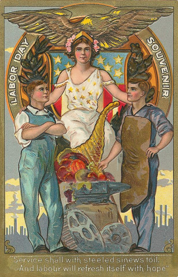 Labor Day souvenir postcard with eagle and workers — vintage postcard