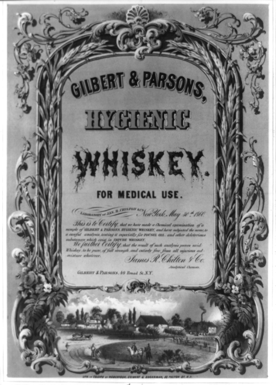 Gilbert & Parsons, hygienic whiskey--for medical use / lith. in colors by Robertson, Seibert & Shearman, N.Y., c1860. — antique lithograph