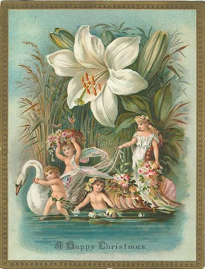 A Happy Christmas card with cherubs, swan and lily