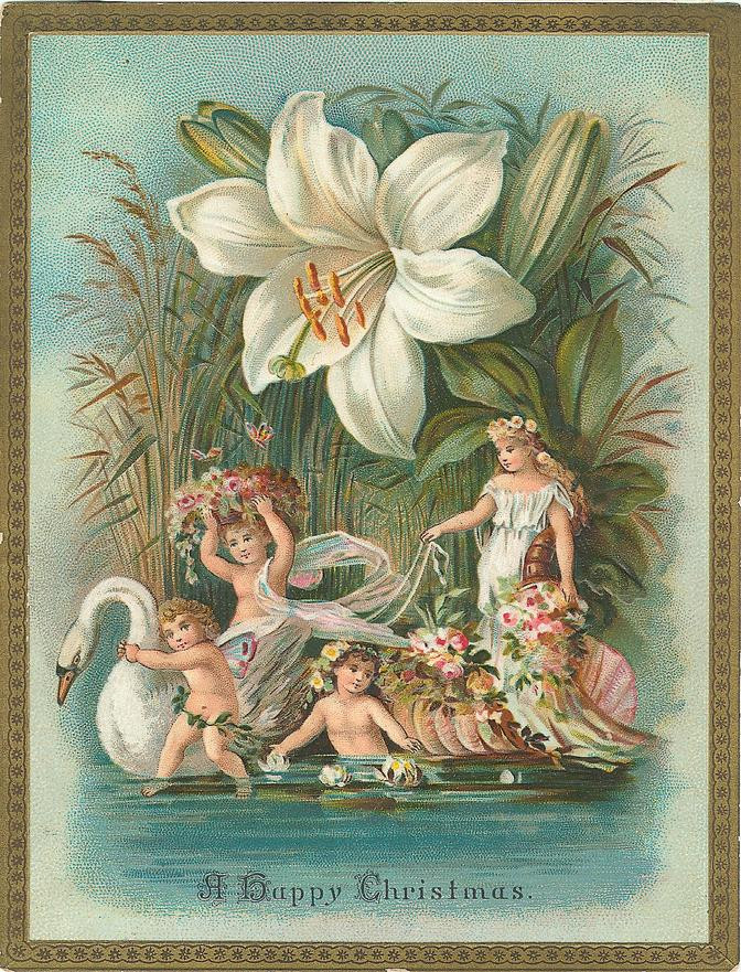 A Happy Christmas card with cherubs, swan and lily — historic image