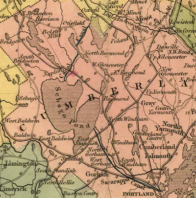 Map of Sebago Pond and Cumberland County, Maine