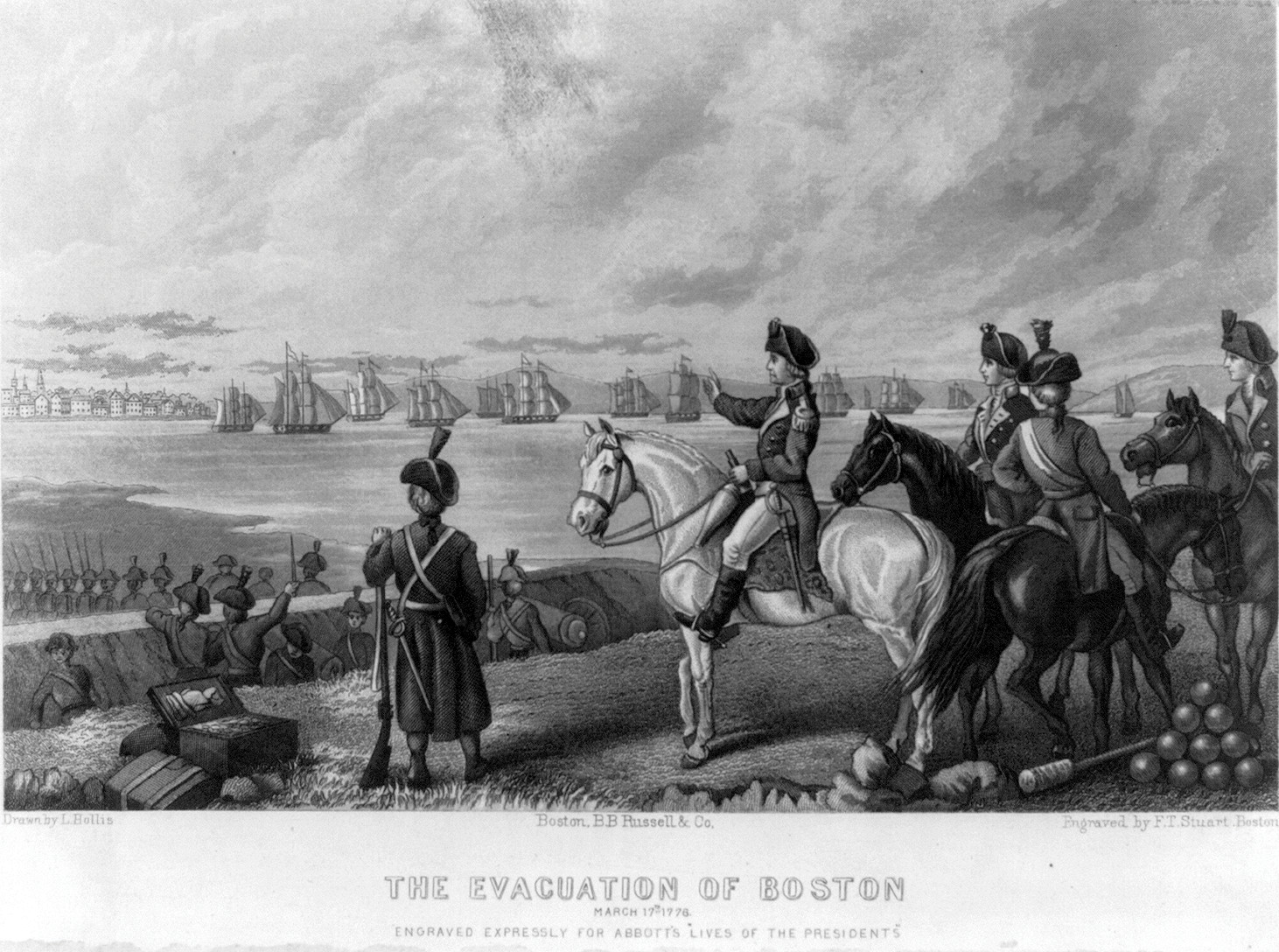 The Evacuation of Boston, March 17, 1776, [no date recorded on caption card] — antique engraving