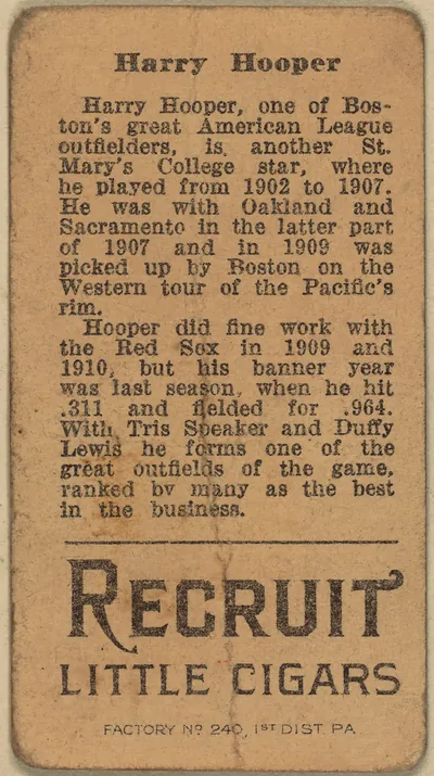 Harry Hooper, Recruit Little Cigars baseball card back