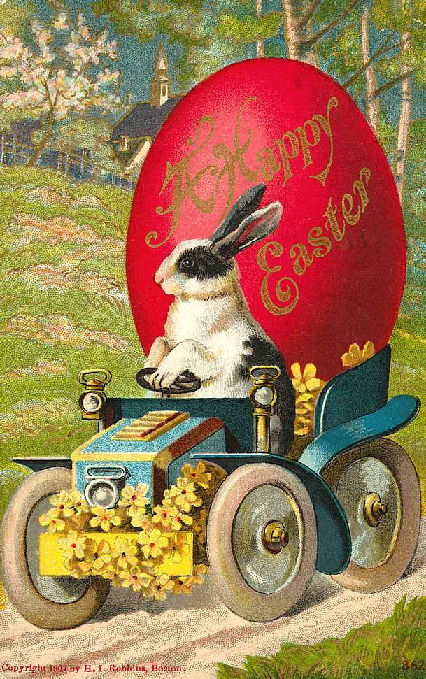 Rabbit driving a motor car beside a red Easter egg — historic image