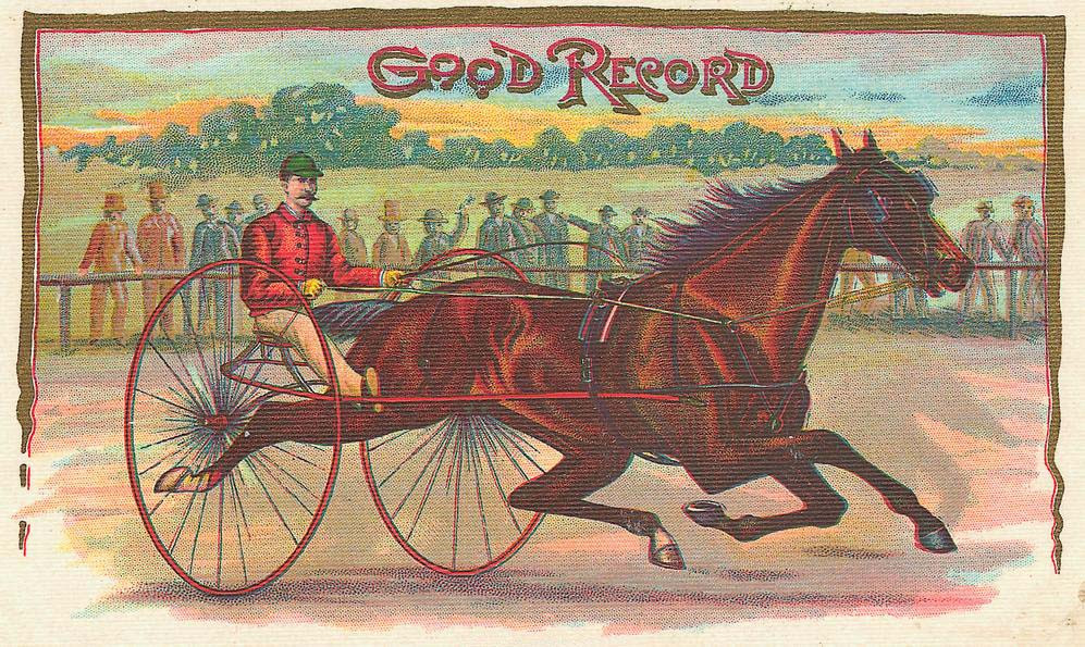 Good Record: chromolithograph of a driver in a racing sulky — antique lithograph
