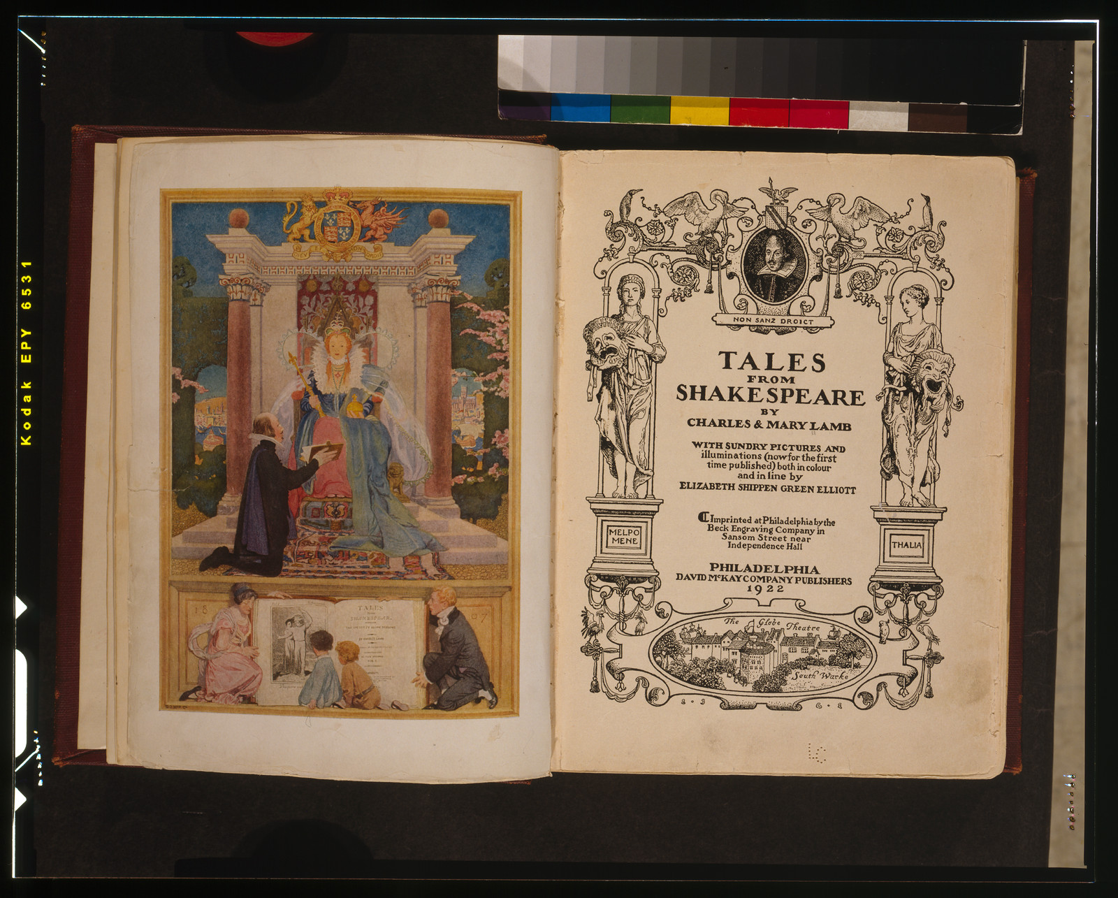 Tales from Shakespeare open book, title page and illustration, 1922 — historic image