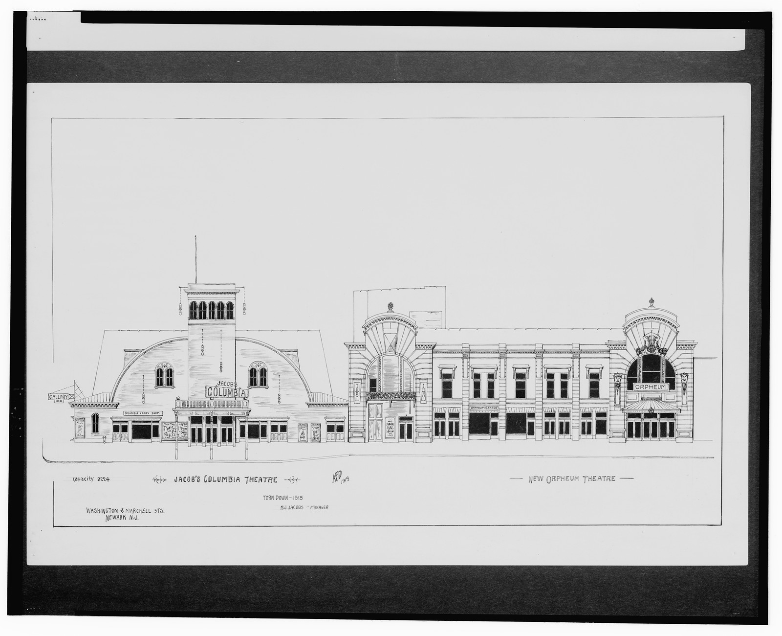 [Jacob's Columbia Theatre and New Orpheum Theatre, Washington and Marchell Streets, Newark, New Jersey] / AFD 1919., And Engineering (ADE) Drawings — vintage poster