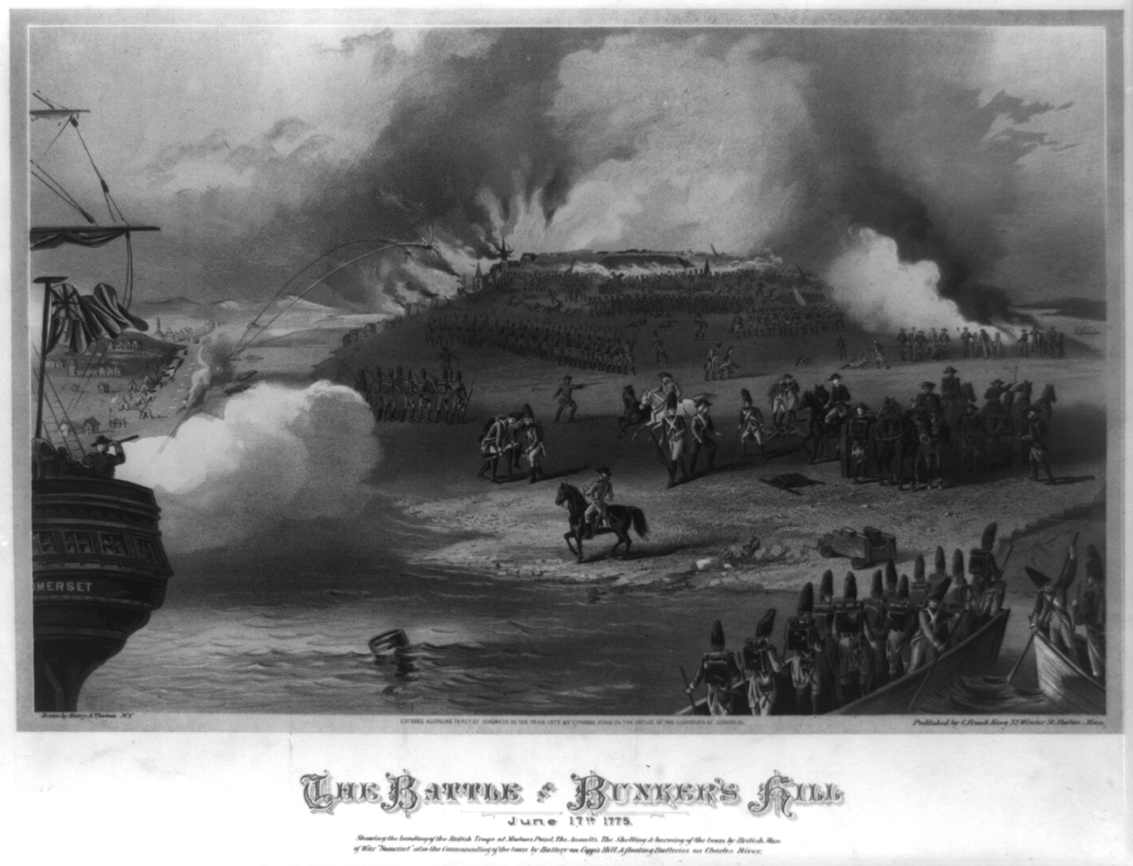 The Battle at Bunker's Hill / drawn by Henry A. Thomas., Boston : C. Frank King, c1875. — antique lithograph
