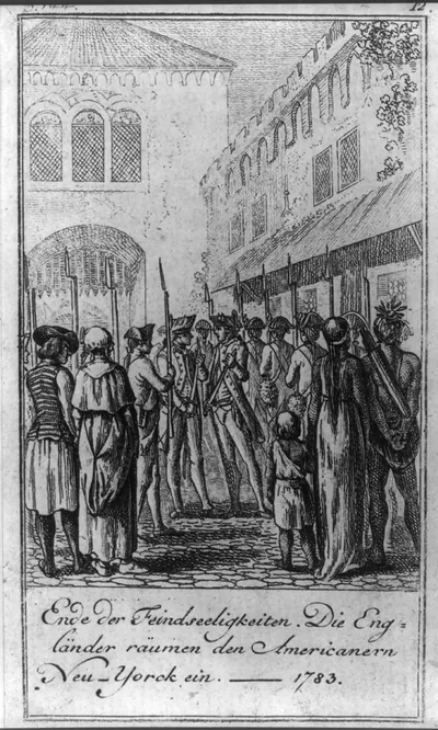 Ende der Feindseeligkeiten. Die Engländer räumen den Americanern Neu-Yorck ein 1783 / D. Chodowiecki del. et sculp.