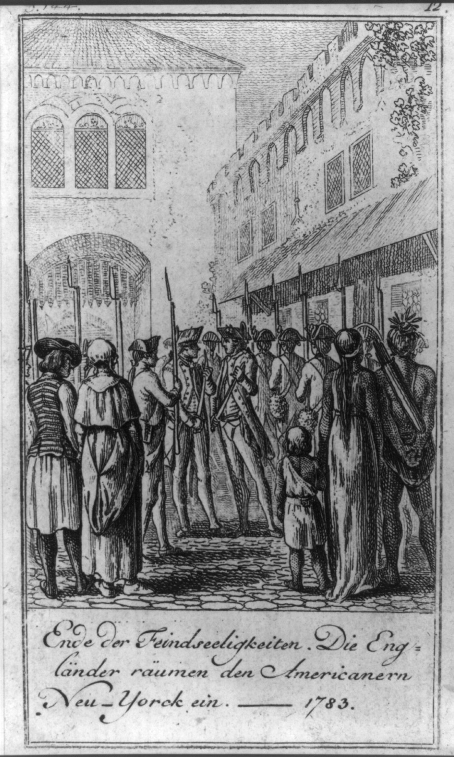 Ende der Feindseeligkeiten. Die Engländer räumen den Americanern Neu-Yorck ein 1783 / D. Chodowiecki del. et sculp. — historic print