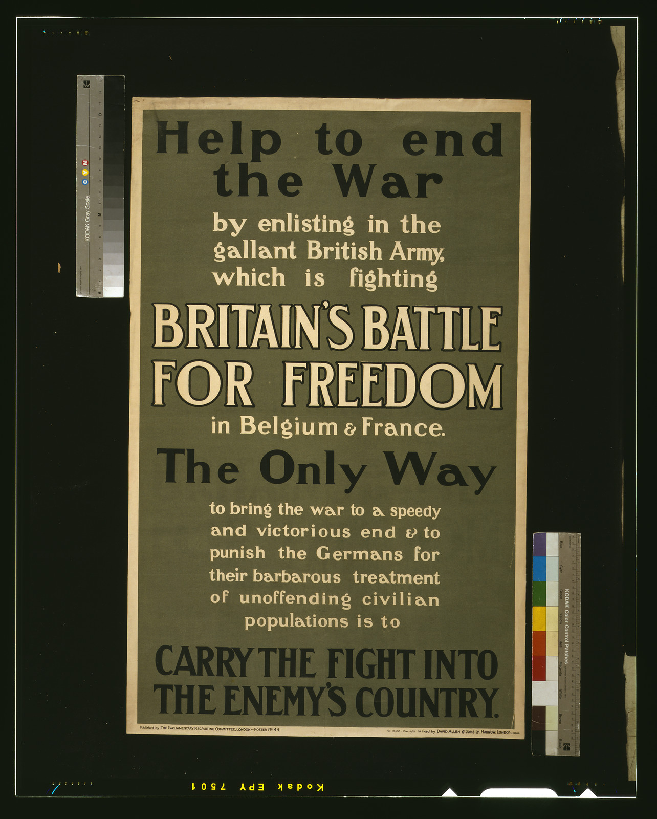 Help to end the war by enlisting ... carry the fight into the enemy's country / printed by David Allen & Sons Ld. Harrow. London., London : Parliamentary Recruiting Committee, [1915] — vintage poster