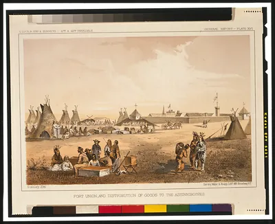 Fort Union, and distribution of goods to the Assinniboines / Stanley Del. ; Sarony, Major & Knapp, Lith.