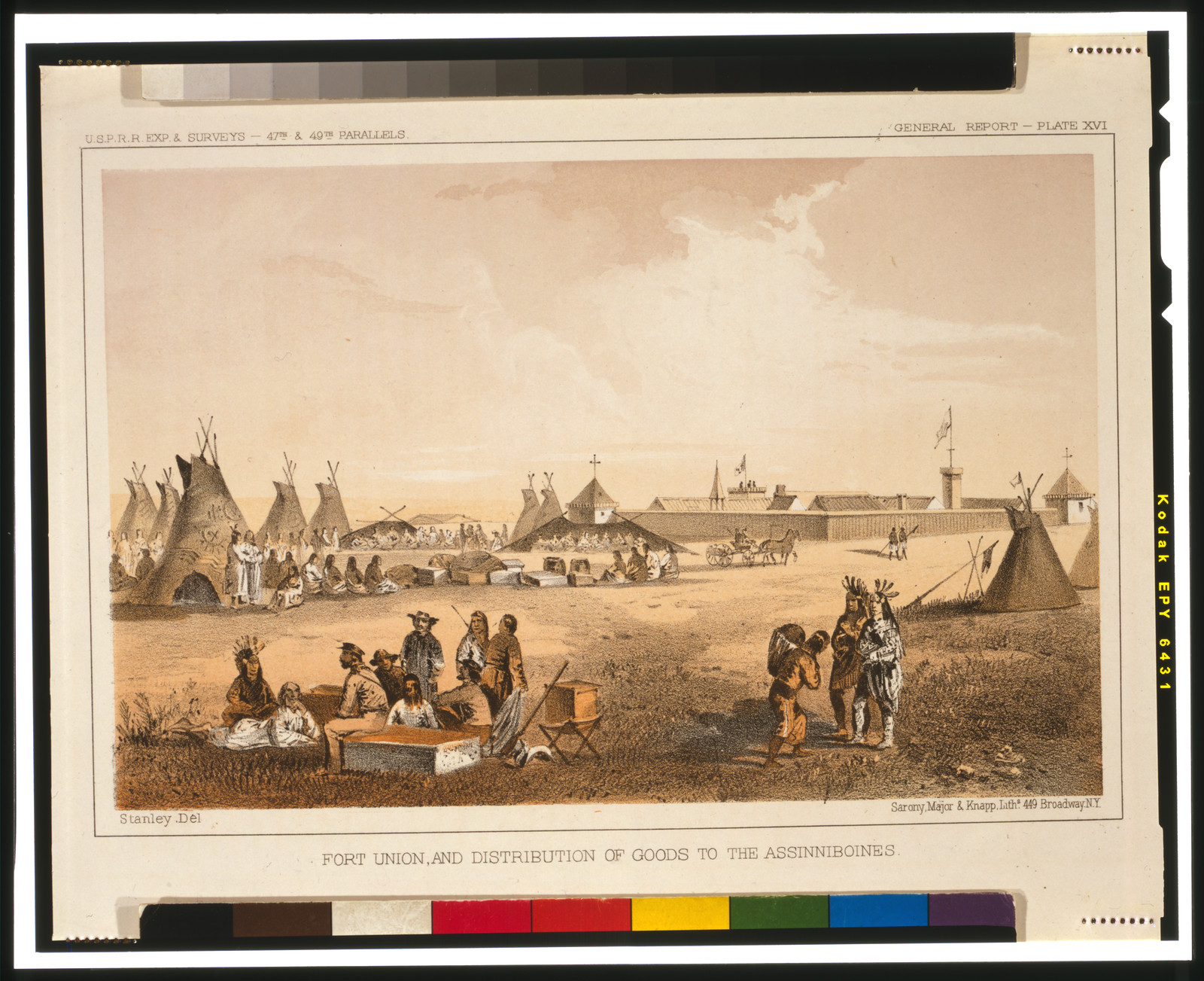 Fort Union, and distribution of goods to the Assinniboines / Stanley Del. ; Sarony, Major & Knapp, Lith., [ca. 1855] — antique lithograph