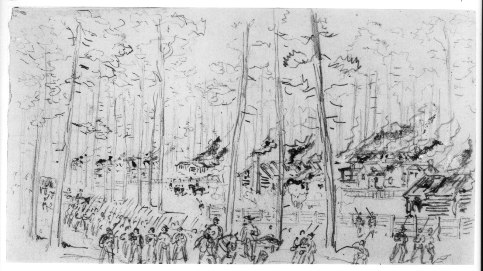 [Sherman's march through South Carolina - Burning of McPhersonville], [1865 February 1] — historic drawing