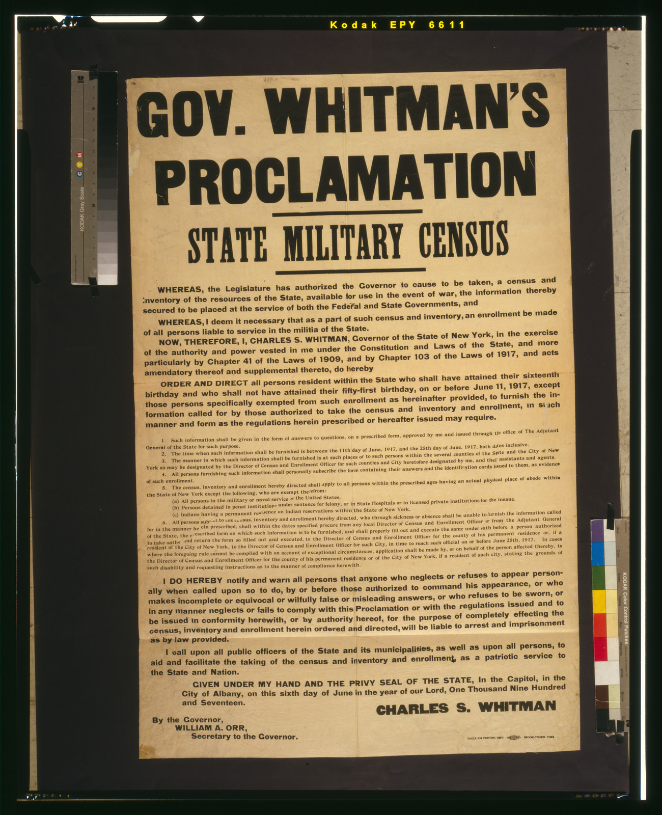 Gov. Whitman's proclamation--State military census / Eagle Job Printing Dept., Brooklyn, New York., 1917 — vintage poster