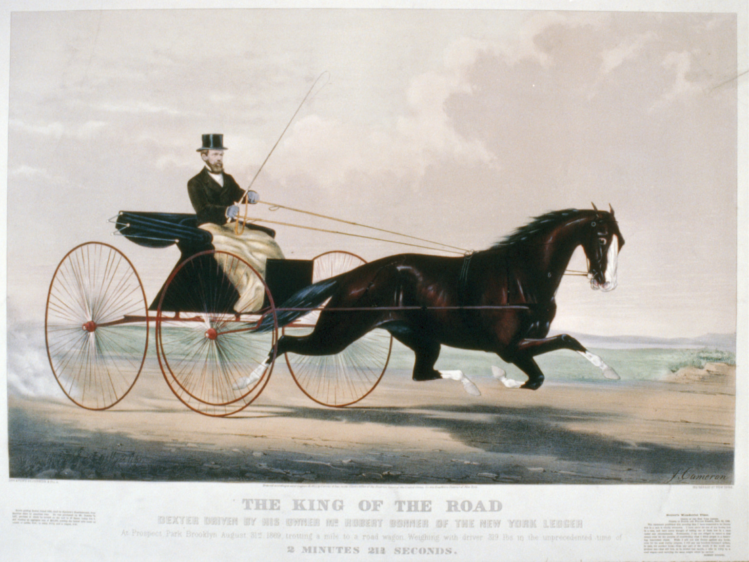 The king of the road: Dexter driven by his owner Mr. Robert Bonner of the New York Ledger at Prospect Park Brooklyn August 31st 1869, trotting a mile to a road wagon. weighing with driver 319 lbs. in the unprecedented time of 2 minutes 21 3/4 seconds, New York : Published by Currier & Ives, c1866. — antique lithograph