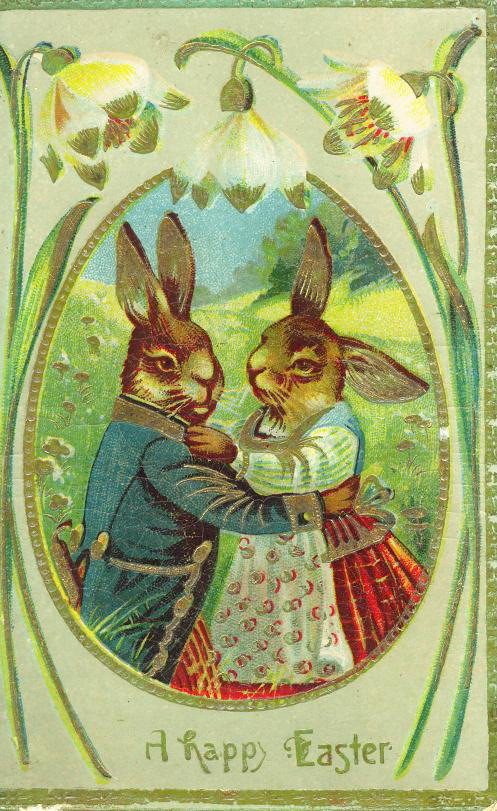 Vintage Easter postcard with dressed rabbits in an oval frame — vintage postcard