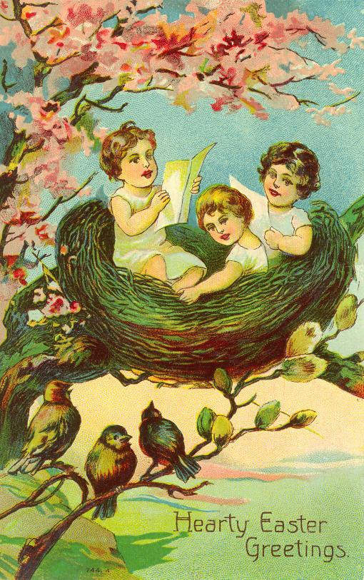 Vintage Easter greetings postcard with children in a nest — vintage postcard