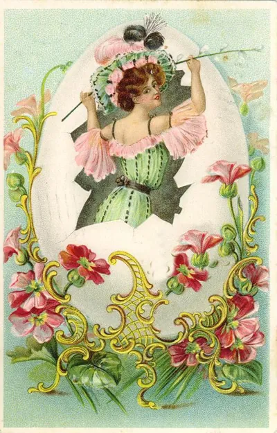 Woman emerging from large egg with flowers, Easter postcard