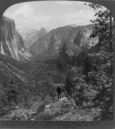 Yosemite Valley from Inspiration Point - El Capitan (left), Bridal Veil Falls, Sentinel Rock and Dome, Half Dome and Cloud's Rest, Calif.