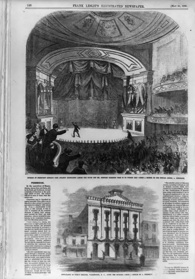 Murder of President Lincoln; The assassin retreating across the stage and Mr. Stewart climbing upon it to pursue him; Appearance of Ford's Theatre, Washington, D.C. after the murder