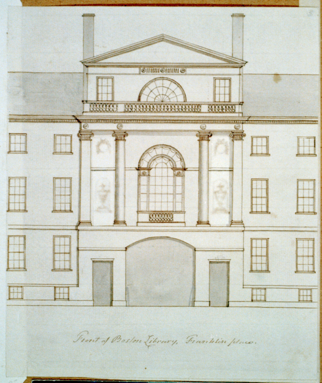 Front of Boston Library, Franklin place, [between 1803 and 1827] — historic drawing