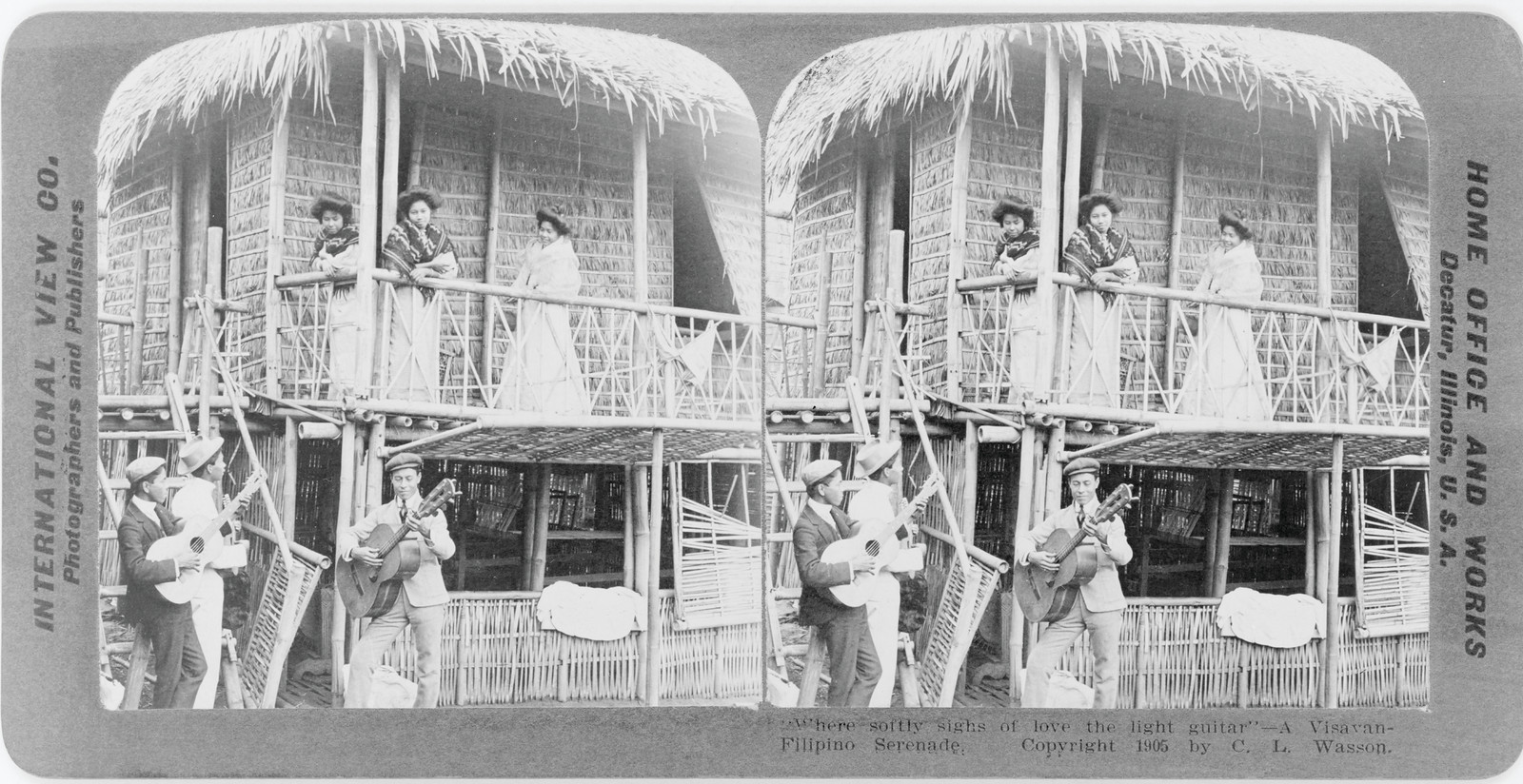 Visayan Filipino serenade: musicians with guitars on a bamboo house — historic image
