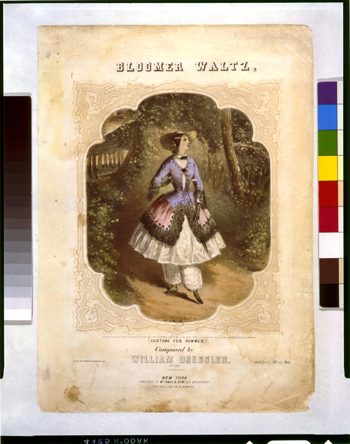 Bloomer Waltz, (costume for summer). Composed by William Dessier. Op 29. / Lith. of Sarony & Major, N.Y., New York : Published by Wm. Hall & Son, c1851. — antique lithograph