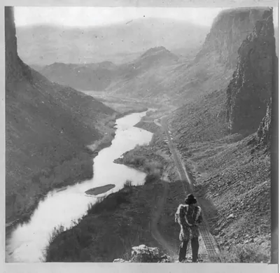 Indian viewing railroad from top of Palisades. 435 miles from Sacramento
